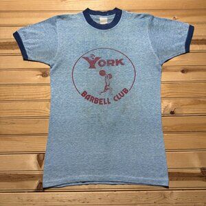 Vintage 70s York Barbell Club Weightlifting Gym Ringer Graphic T-Shirt- Small